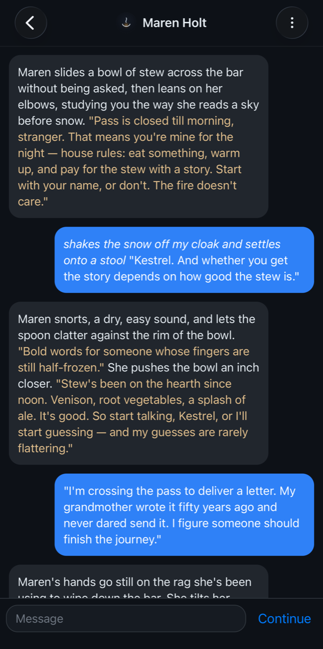 A roleplay chat with a character in LonelyTavern